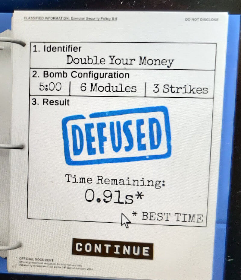Screenshot from the game "Keep talking and nobody dies". We managed to defuse the bomb with 0.91 seconds left.